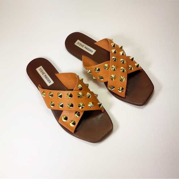 Steve Madden Spike Cognac Leather Slide Sandal - Picture 2 of 7